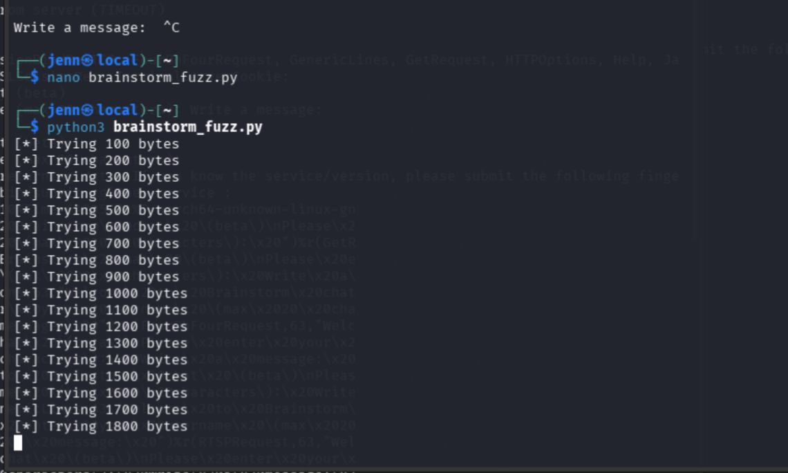Fuzzer output showing successful sends up through the crash range